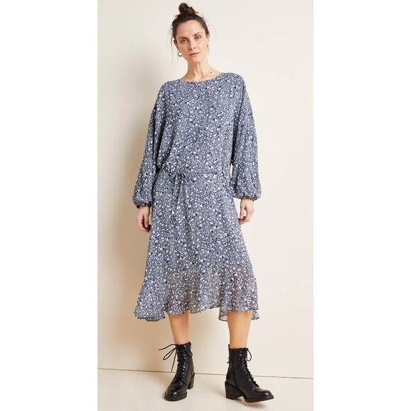 ANTHROPOLOGIE Milan Midi Dress Blue Leopard Pattern Relaxed Fit Size 8 Boho - Picture 6 of 7